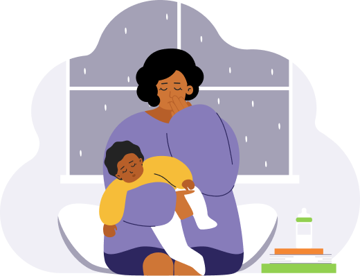 illustration of sad mom holding a child with rain in background
