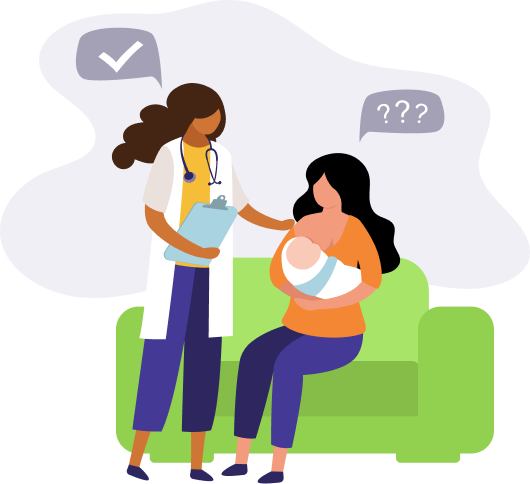 illustration of woman nursing baby asking question to doctor