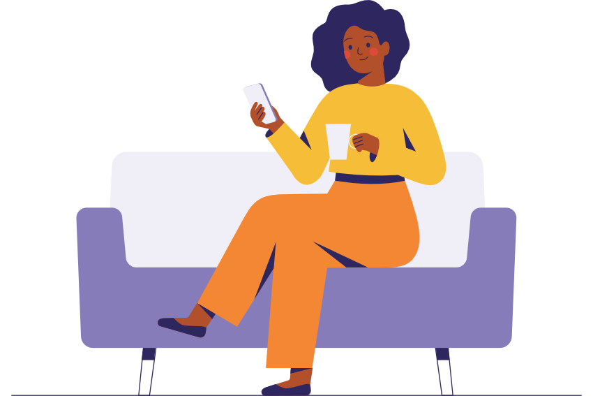 illustration of a smiling woman sitting on couch holding phone and a mug