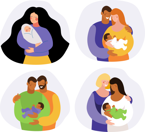 colorful illustration of one woman and three different couples all holding babies